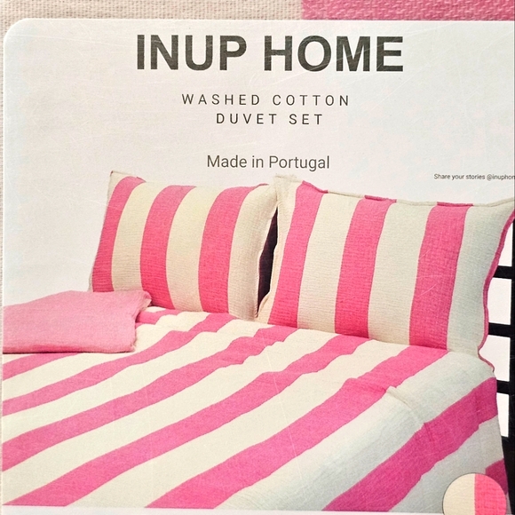 INUP HOME Pink And White Washed Cotton Duvet Cover Set   QUEEN Size 90" X 90" - Picture 3 of 4